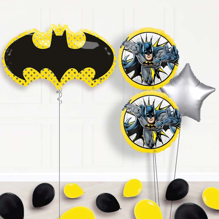 Batman Balloon Bouquet Delivery in a Box-Giant Balloon + 2 Themed Balloons + 1 Plain Balloon + Mini Balloons