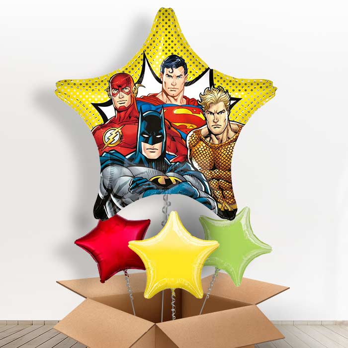 Star Shaped Justice League Helium Balloons in a Box Gift - With 3 Plain Balloons | Party Save Smile