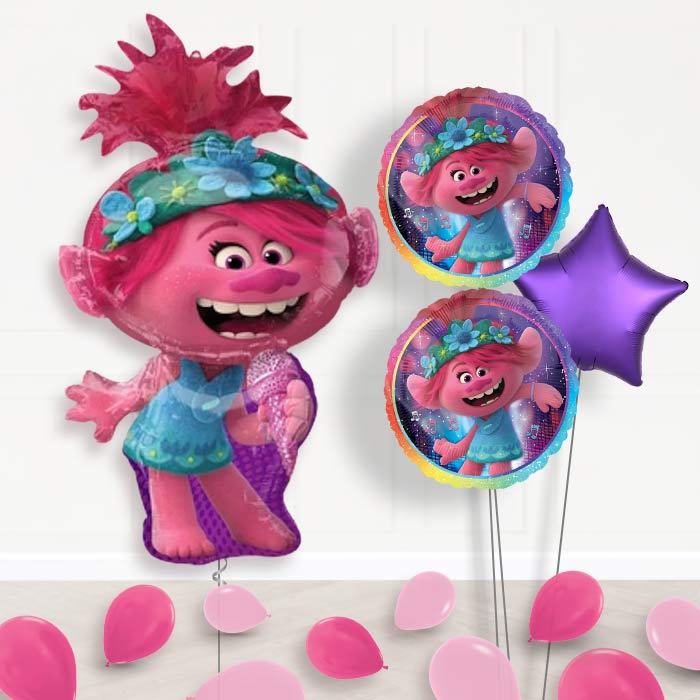 Trolls World Tour Poppy Balloon Bouquet Delivery-Giant Balloon + 2 Themed Balloons + 1 Plain Balloon + Mini Balloons