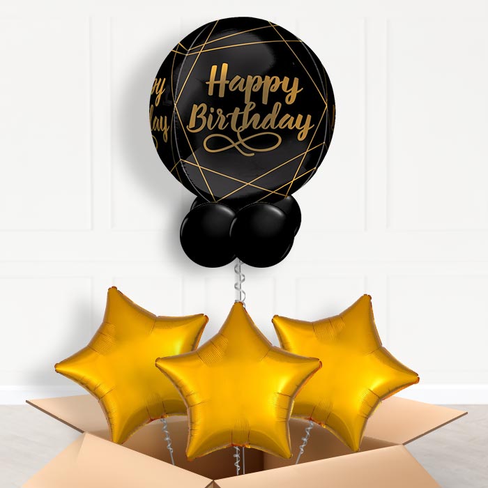 Black and Gold Happy Birthday Orbz Balloon in a Box - Orbz Balloon with 3 Balloons | Party Save Smile