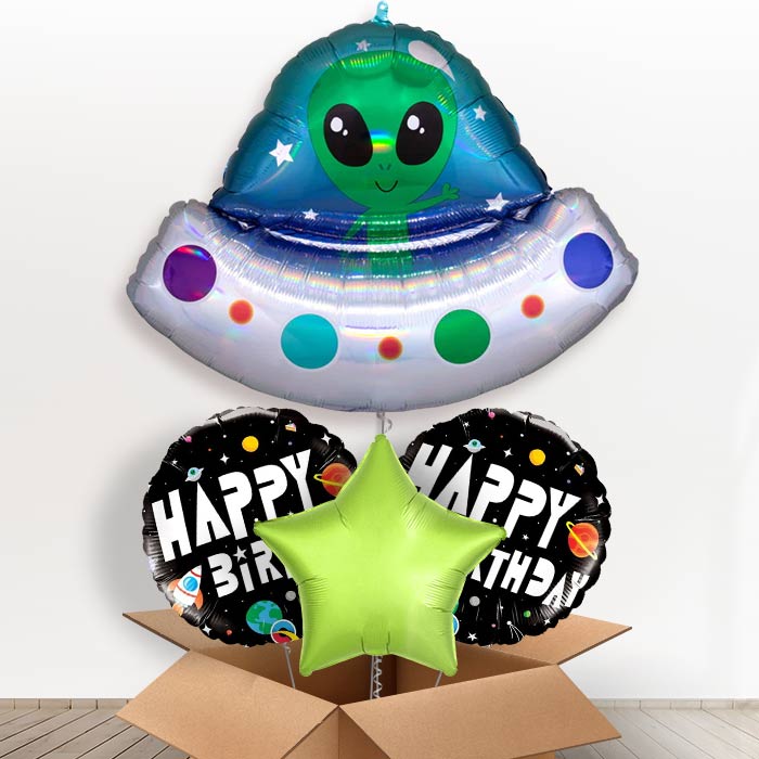 Alien Spaceship Helium Balloon in a Box-1 x Giant Balloon and 2 Themed Balloons and 1 Plain Balloon