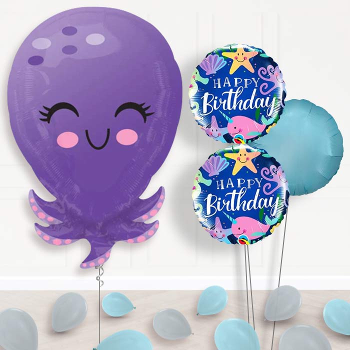 Octopus Helium Balloon Bouquet Delivered-Giant Balloon + 2 Themed Balloons + 1 Plain Balloon + Mini Balloons