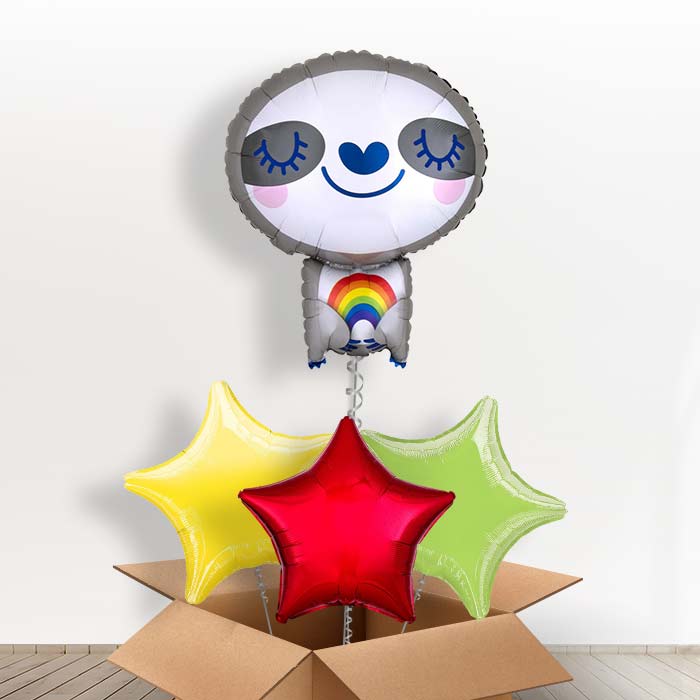 Sloth with Rainbow Helium Balloon in a Box - With 3 Plain Balloons | Party Save Smile