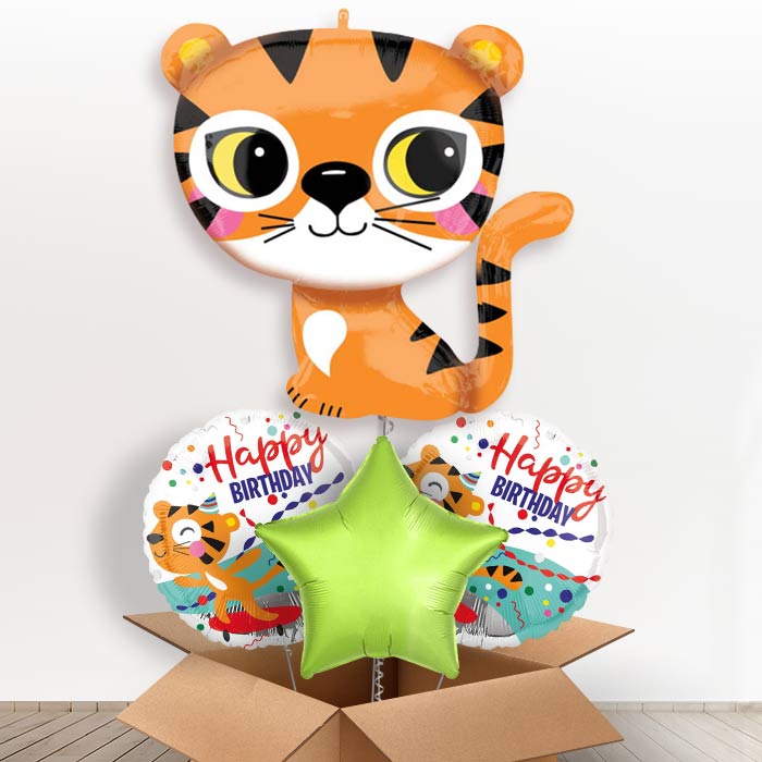 Cute Tiger Balloons in a Box-1 x Giant Balloon and 2 Themed Balloons and 1 Plain Balloon