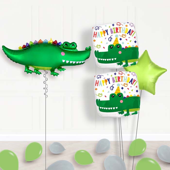 Alligator Helium Balloon Bouquet Delivered-Giant Balloon + 2 Themed Balloons + 1 Plain Balloon + Mini Balloons