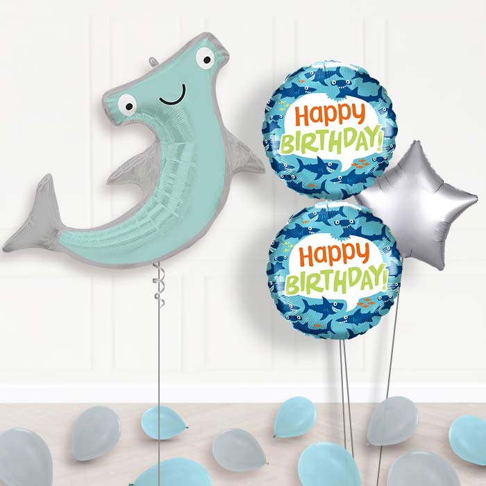 Hammerhead Shark Helium Balloon Bouquet-Giant Balloon + 2 Themed Balloons + 1 Plain Balloon + Mini Balloons