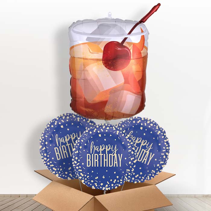 Old Fashioned Whiskey (Birthday) Helium Balloon in a Box - With 3 Themed Balloons | Party Save Smile
