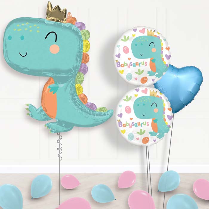 Baby Dinosaur Helium Balloon Bouquet-Giant Balloon + 2 Themed Balloons + 1 Plain Balloon + Mini Balloons