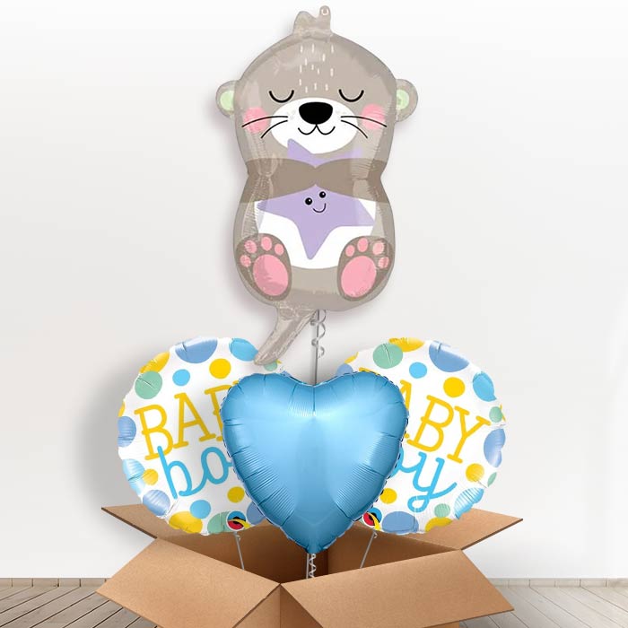Adorable Otter Baby Boy Helium Balloon in a Box-1 x Giant Balloon and 2 Themed Balloons and 1 Plain Balloon