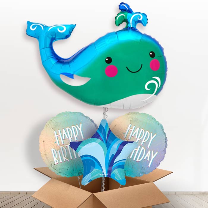 Happy Whale Helium Balloon in a Box-1 x Giant Balloon and 2 Themed Balloons and 1 Plain Balloon