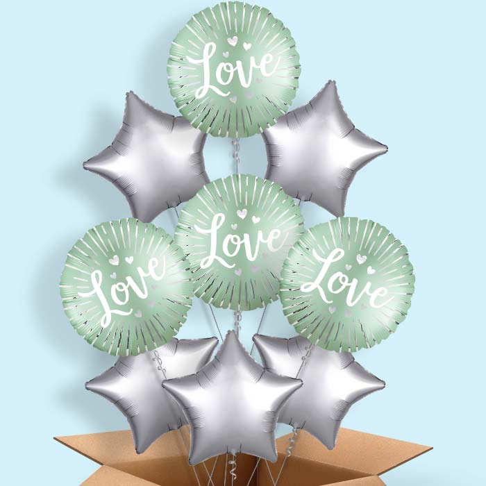 Mint Satin Love Burst Helium Balloon in a Box - 9 Balloons | Party Save Smile