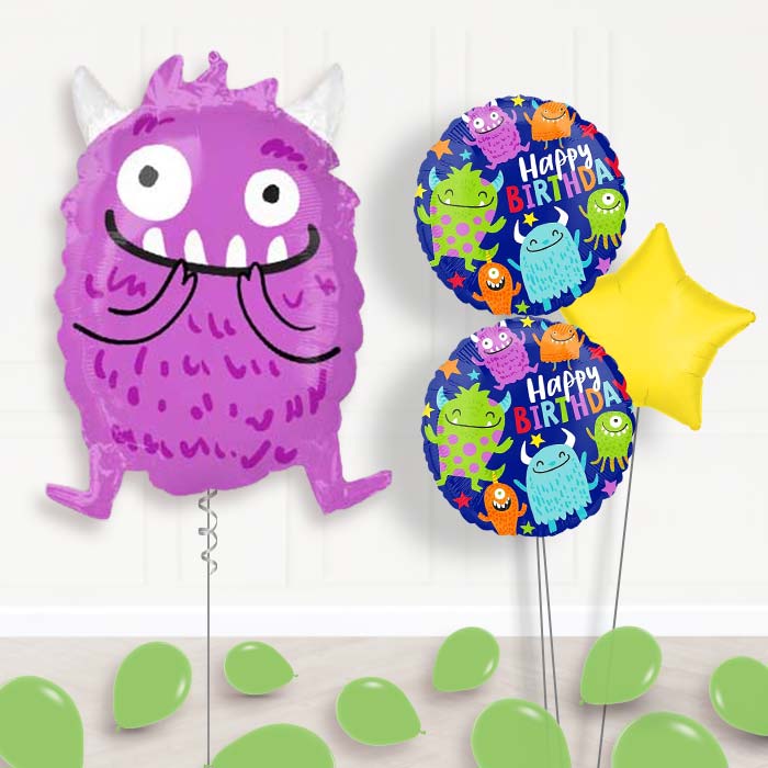Purple Monster Balloon Bouquet Delivery-Giant Balloon + 2 Themed Balloons + 1 Plain Balloon + Mini Balloons