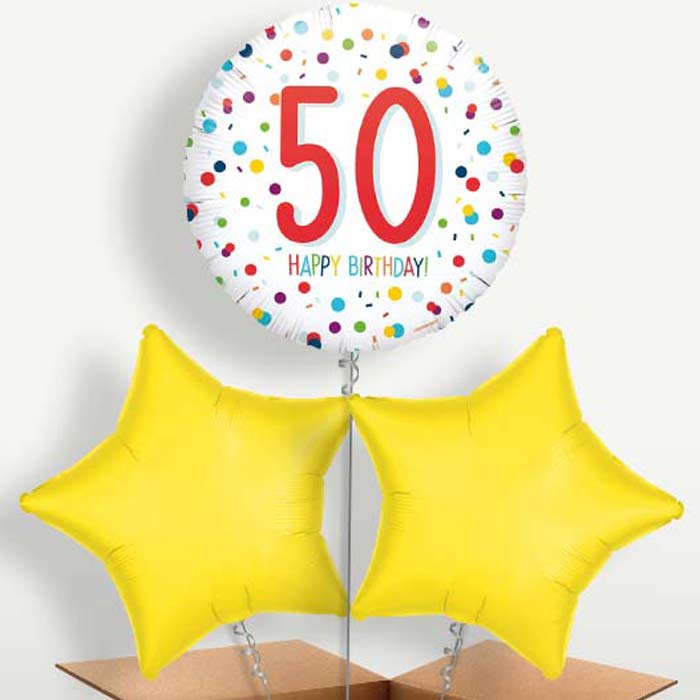 Rainbow 50th Birthday Confetti Trio Balloon Bunch | Party Save Smile