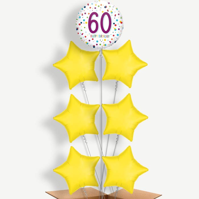 Rainbow 60th Birthday Confetti Helium Balloon Arrangement | Party Save Smile