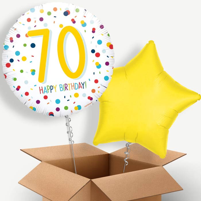 White Rainbow Confetti 70th Birthday Helium Balloon Two | Party Save Smile