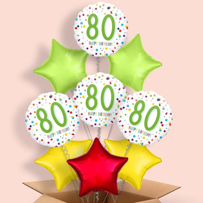 80th Birthday Helium Balloons in a Box - White Confetti - 9 Balloon | Party Save Smile
