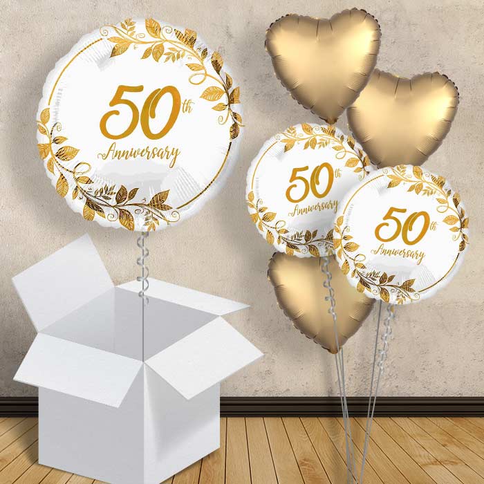 Gold Leaves 50th Anniversary Helium Balloon in a Box - 1 Balloon | Party Save Smile
