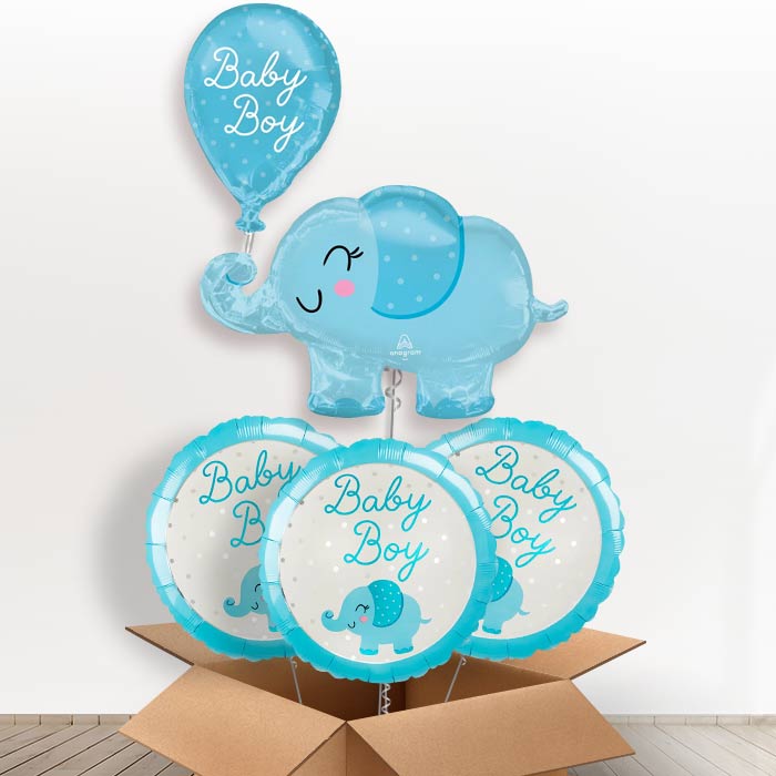 Giant Baby Boy Blue Elephant Shaped Helium Balloon in a Box - With 3 Themed Balloons | Party Save Smile