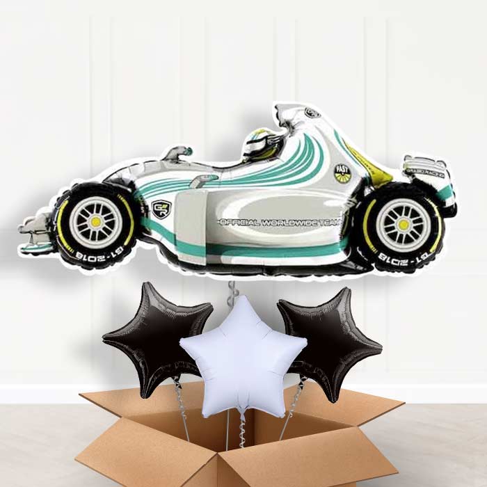 Giant Grey Racing Car Helium Balloon in a Box - With 3 Plain Balloons | Party Save Smile