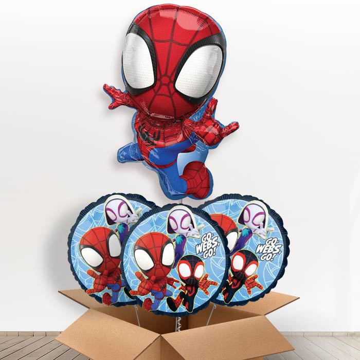 Shaped Spiderman Helium Balloons in a Box Gift - With 3 Themed Balloons | Party Save Smile