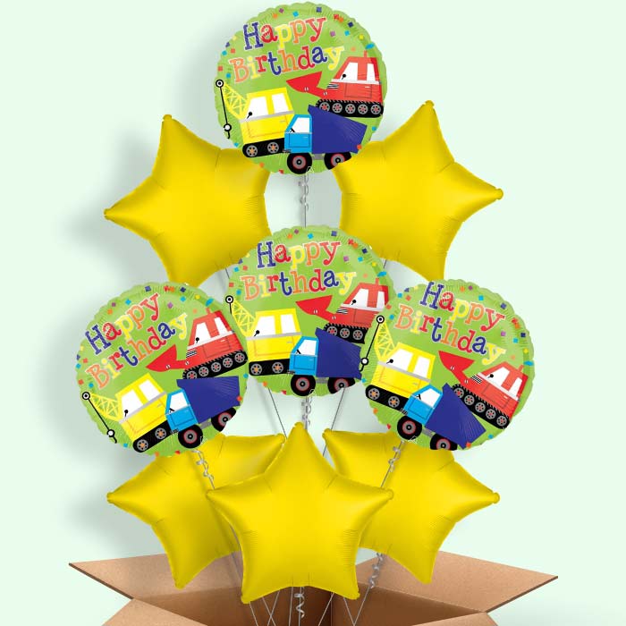 Colourful Construction Birthday Helium Balloon in a Box - 9 Balloons | Party Save Smile