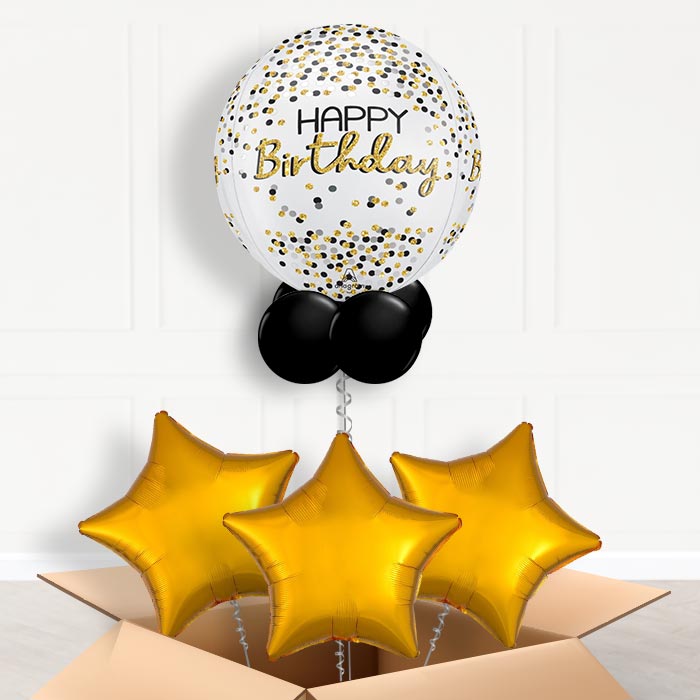 Gold and Black Birthday Orbz Helium Balloon in a Box - Orbz Balloon with 3 Balloons | Party Save Smile