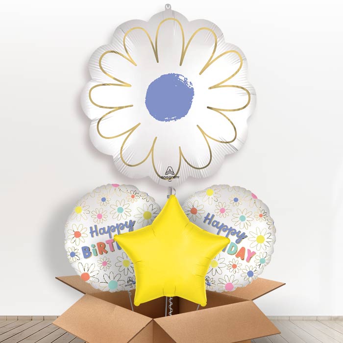 Satin Purple Daisy Helium Balloon in a Box-1 x Giant Balloon and 2 Themed Balloons and 1 Plain Balloon