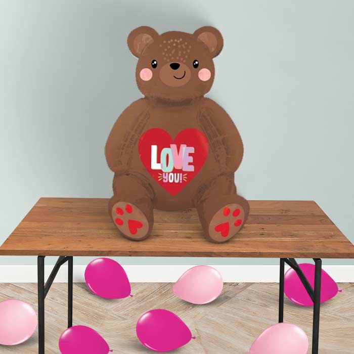 Satin Love Bear Sitter Balloon Package Delivered - Sitter Balloon and Latex | Party Save Smile
