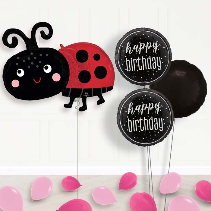 Happy Ladybug Balloon Bouquet Delivery-Giant Balloon + 2 Themed Balloons + 1 Plain Balloon + Mini Balloons
