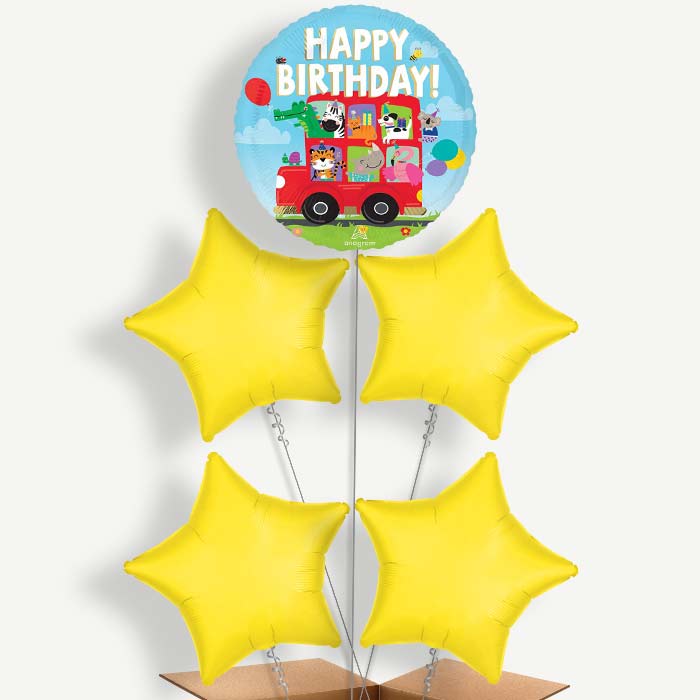 Animal Party Bus Happy Birthday 5 Helium Cluster Balloons | Party Save Smile