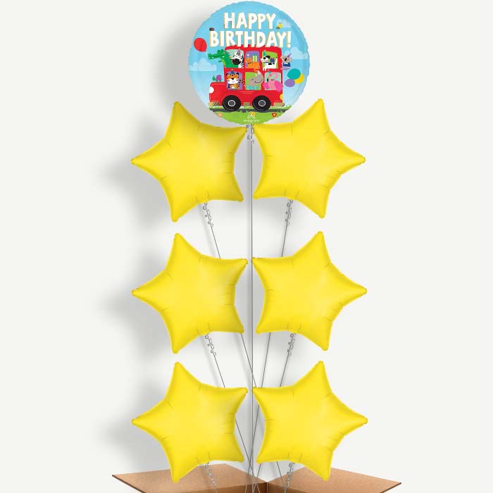 Animal Party Bus Happy Birthday 7 Helium Balloon Arrangement | Party Save Smile