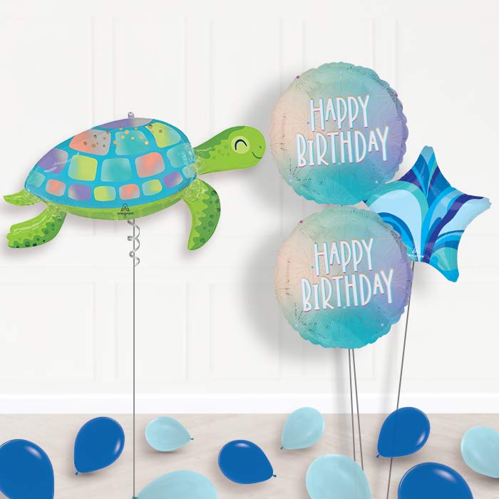 Under The Sea Turtle Balloon Bouquet Delivery-Giant Balloon + 2 Themed Balloons + 1 Plain Balloon + Mini Balloons