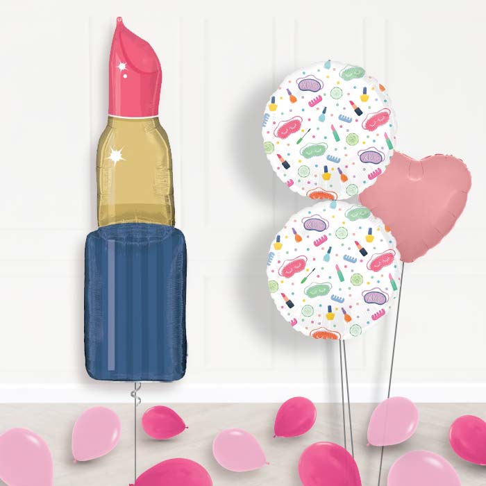 Lipstick Shaped Pamper Party Balloon Bouquet Delivery-Giant Balloon + 2 Themed Balloons + 1 Plain Balloon + Mini Balloons