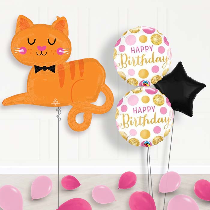 Orange Tabby Cat Balloon Bouquet Delivery-Giant Balloon + 2 Themed Balloons + 1 Plain Balloon + Mini Balloons