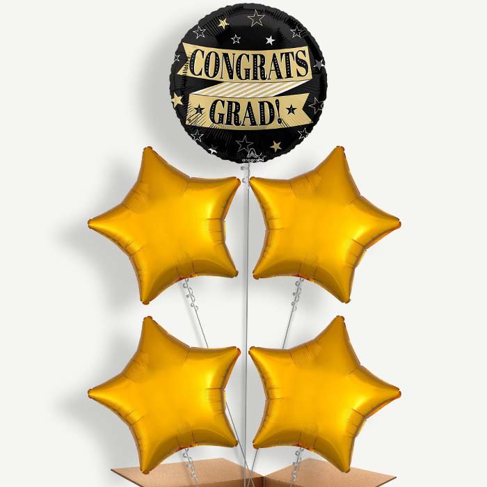 Black & Gold Graduation 5 Helium Cluster Balloons