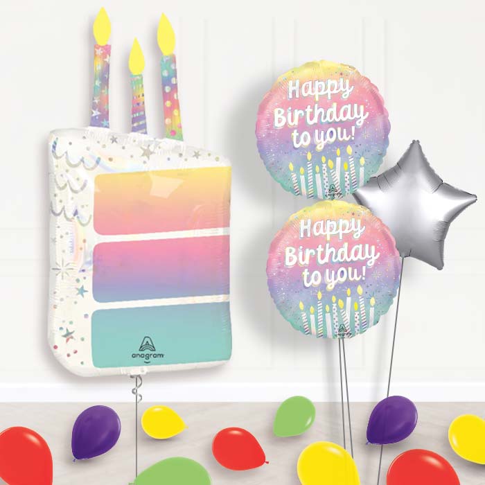 Birthday Cake Slice with Candles Balloon Bouquet-Giant Balloon + 2 Themed Balloons + 1 Plain Balloon + Mini Balloons