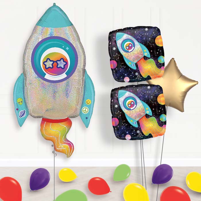 Outer Space Rocket Balloon Bouquet Delivery-Giant Balloon + 2 Themed Balloons + 1 Plain Balloon + Mini Balloons