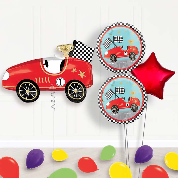Classic Race Car Balloon Bouquet Delivery-Giant Balloon + 2 Themed Balloons + 1 Plain Balloon + Mini Balloons