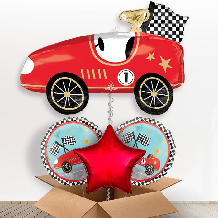 Classic Race Car Helium Balloon in a Box-1 x Giant Balloon and 2 Themed Balloons and 1 Plain Balloon