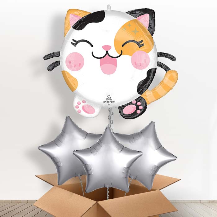 Kawaii Cat Helium Balloon in a Box - with 3 Plain Balloons | Party Save Smile