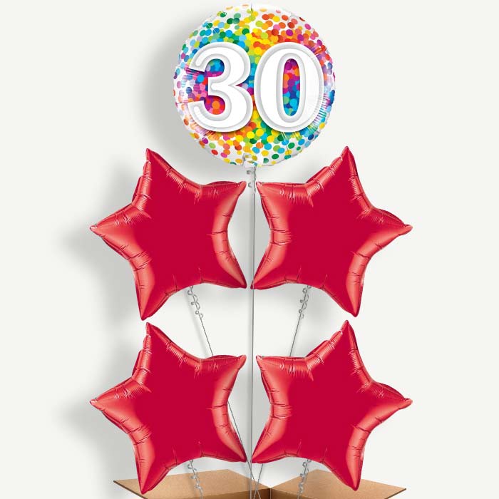 Multicoloured 30th Birthday Helium Cluster Balloons | Party Save Smile