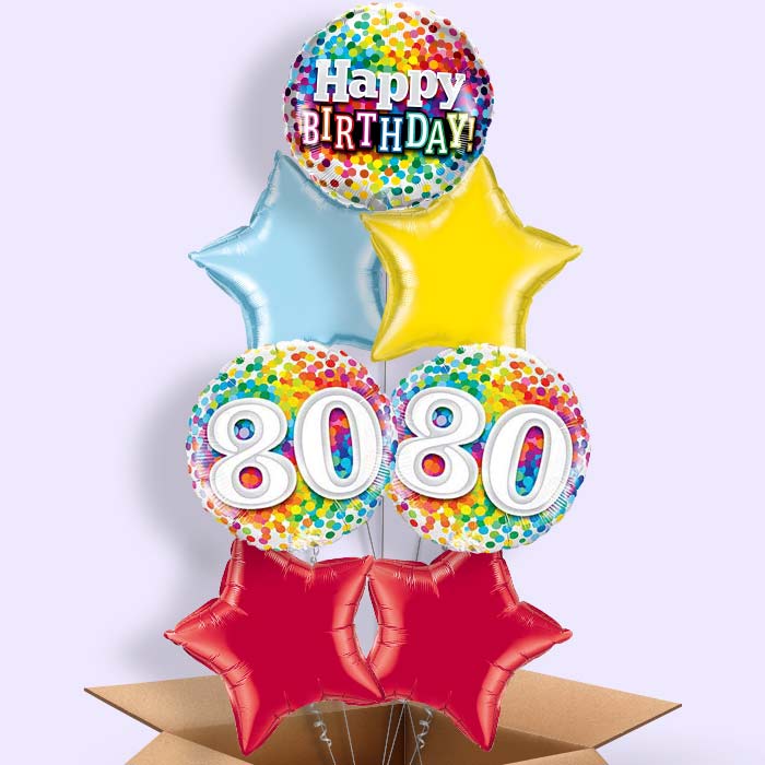 Colourful Confetti 80th Birthday Helium Balloons in a Box - 7 Balloon | Party Save Smile