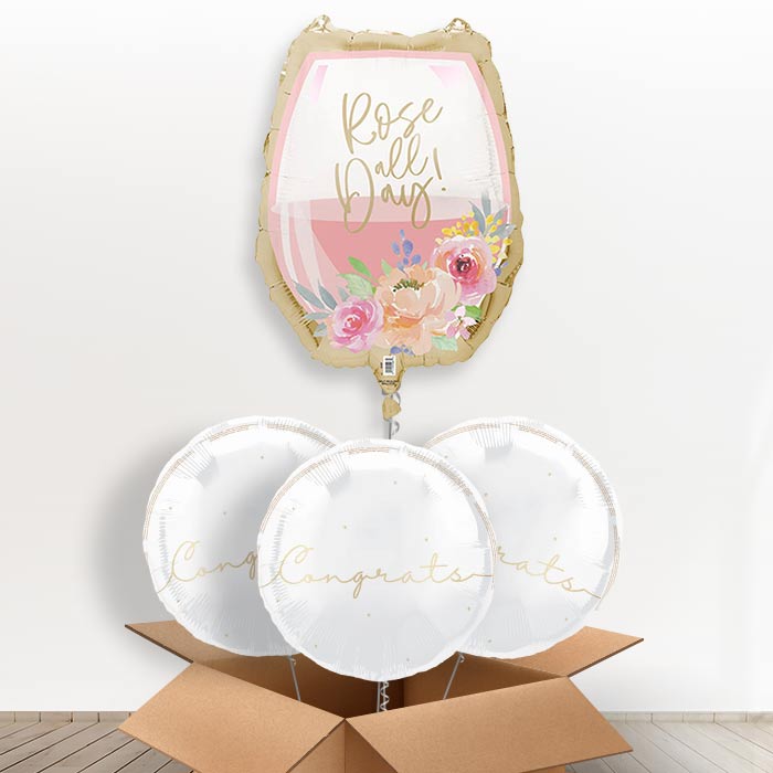 Rose All Day Wine Glass Giant Helium Balloon in a Box | Giant Balloon + 2 Themed Balloons + 1 Plain Balloon | Party Save Smile