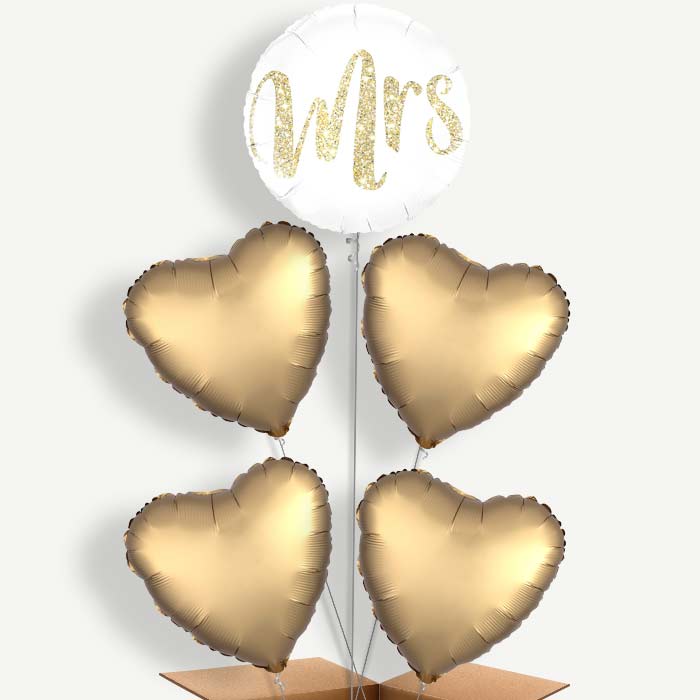 Gold & White Mrs Wedding Helium Cluster Balloons | Party Save Smile