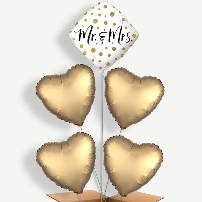 Mr & Mrs Gold Balloon Clusters Inflated with Helium | Party Save Smile