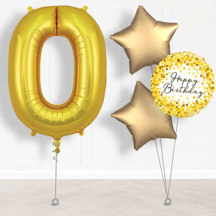 Gold Number 0 Helium Balloon in a Box - Giant Number and 3 Balloons | Party Save Smile