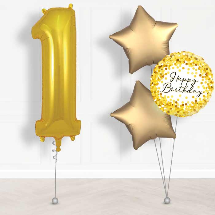 Gold Number 1 Helium Balloon in a Box - Giant Number and 3 Balloons | Party Save Smile