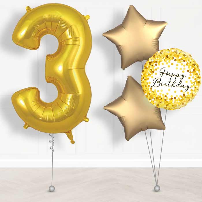 Gold Number 3 Helium Balloon in a Box - Giant Number and 3 Balloons | Party Save Smile