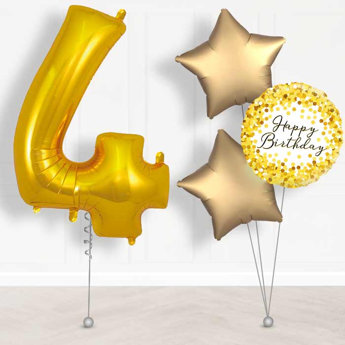 Gold Number 4 Helium Balloon in a Box - Giant Number and 3 Balloons | Party Save Smile
