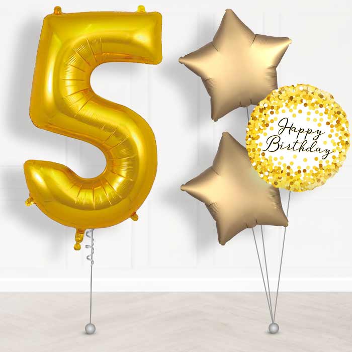 Gold Number 5 Helium Balloon in a Box - Giant Number and 3 Balloons | Party Save Smile